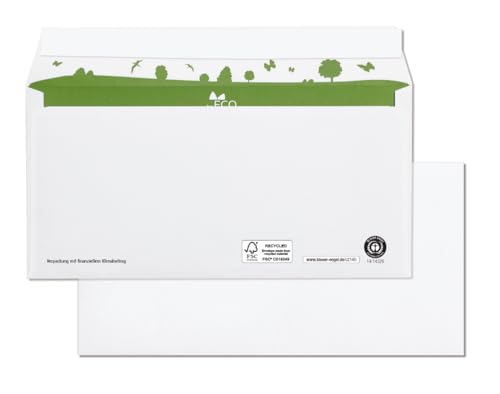 beECO Briefumschlag DIN lang (500 Stück), haftklebender Briefumschlag ohne Fenster, Briefumschläge aus 100 % Recycling Papier, geeignet für DIN A4 Papier, weiß, 110 x 220 mm, 80g/m² von be ECO