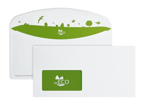 beECO Briefumschläge C6/5 229 x 114 mm (500 Stück), Briefumschläge mit Fenster haftklebend, Briefumschlag aus 100% Recycling Papier, Umschläge für DIN A4 Papier, weiß, 80g/m² von beECO