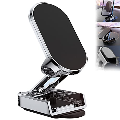 2023 New Alloy Folding Magnetic 360° Car Phone Holder, Foldable Car Phone Mount, Dashboard Folding Bracket Universal, Navigation Holder Stand For Car (Silver) von behound