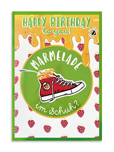 bentino MUSIK-Geburtstagskarte, Glückwunschkarte zum Kindergeburtstag spielt ein süsses Geburtstagslied Marmelade im Schuh, DIN A5 Set mit Umschlag von bentino