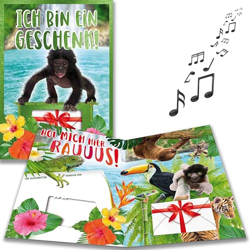 bentino MUSIK Geburtstagskarte Dschungel, lustige Glückwunschkarte mit GELDBRIEF für Gutscheine oder Bargeld von bentino