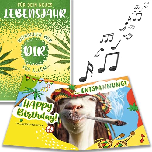 bentino MUSIK Geburtstagskarte Kiff-Ziege mit LICHTEFFEKT, lustige Glückwunschkarte zum Geburtstag für alle stressbefreiten Aussteiger von bentino