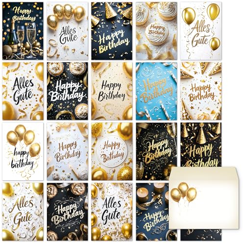 beriluDesign 20 Geburtstagskarten Set mit Umschlägen - Glückwunschkarten, Postkarten zum Geburtstag - Happy Birthday Karten - ideal als Grußkarte oder Gutschein (20 Karten + 20 Umschläge) von beriluDesign