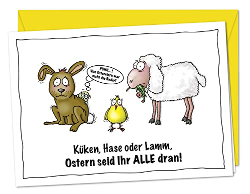 Derbe XL Osterkarte mit Küken,Hase, Lamm und Osterei - die etwas anderen Ostergrüße für alle, die keine Osterklassiker verschicken möchten - XL Grußkarte zu Ostern inkl. Umschlag von bernsteinfee-CARDS