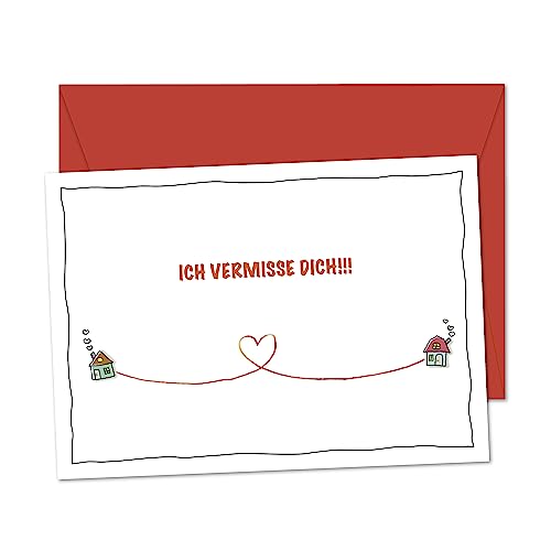 POSTKARTE Ich vermisse Dich - große Karte für Grüße voller Herz, Sehnsucht, Liebe für den geliebten Schatz, Partner, Partnerin, Freund, Freundin, die Liebsten - XL Postkarte mit Umschlag rot von bernsteinfee-CARDS