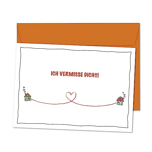 POSTKARTE Ich vermisse Dich - große Karte für Grüße voller Herz, Sehnsucht und Liebe an den/die Partner-in, die Liebsten, Familie, Freunde und Kollegen - XL Postkarte mit Umschlag orange von bernsteinfee-CARDS