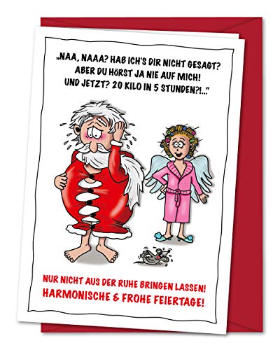 Sehr lustige XL Weihnachtskarte Genussvolle Weihnachten mit viel zu dickem Weihnachtsmann, da hilft keine Diät mehr, Maus voll Schadenfreude und hör auf die Frau - inkl. Umschlag (DIN A5) von bernsteinfee-CARDS