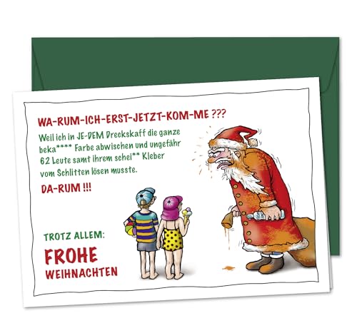 Sehr lustige XL Weihnachtskarte Totale Verspätung - Weihnachtsgrüße in Zeiten von Klimakleber und Letzte Generation mit Weihnachtsmann im Stress und total verspätet - Grußkarte mit Umschlag (DIN A5) von bernsteinfee-CARDS