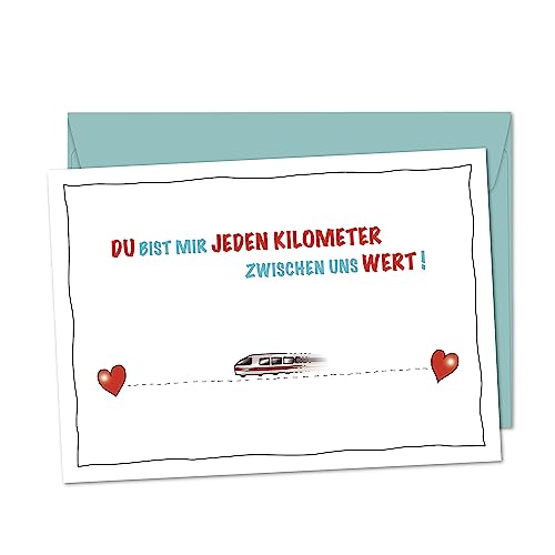 XL POSTKARTE Zug Du bist jeden Kilometer wert - Karte für Liebespaar in Fernbeziehung, Familie und alle, die für die Liebe / Freundschaft auf die Bahn angewiesen sind - Postkarte MIT UMSCHLAG von bernsteinfee-CARDS