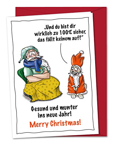 bernsteinfee-CARDS Lustige XL Weihnachtskarte mit krankem Weihnachtsmann und Osterhase als Krankheitsvertretung, humorvolle Weihnachtsgrüße für einen gesunden Jahresausklang - inkl. Umschlag (DIN A5) von bernsteinfee-CARDS