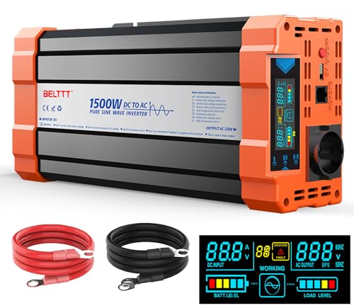 Wechselrichter Spannungswandler 12V auf 230V Reiner Sinus Wechselrichter 1500W Inverter mit EU Steckdosen,USB Ausgang und LCD-Anzeige Spitzenleistung 3000W für Kfz LKW Camping Notfall Haushaltsgeräten von bestyks