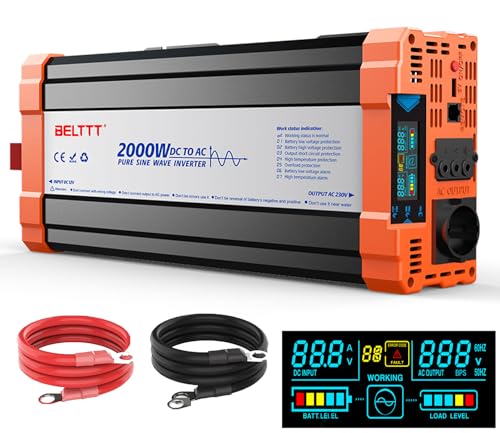 Wechselrichter Spannungswandler 12V auf 230V Reiner Sinus Wechselrichter 2000W Inverter mit EU Steckdosen,USB Ausgang und LCD-Anzeige Spitzenleistung 4000W für Kfz LKW Camping Notfall Haushaltsgeräten von bestyks