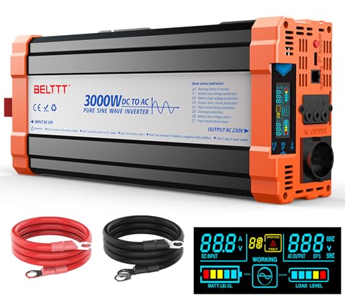 Wechselrichter Spannungswandler 12V auf 230V Reiner Sinus Wechselrichter 3000W Inverter mit EU Steckdosen,USB Ausgang und LCD-Anzeige Spitzenleistung 6000W für Kfz LKW Camping Notfall Haushaltsgeräten von bestyks