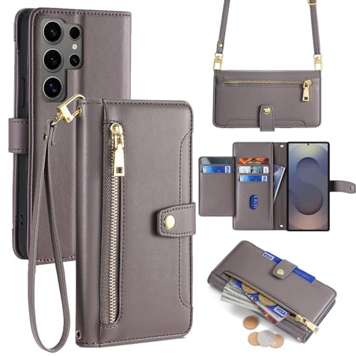 betterfon Hülle Kompatibel mit Samsung Galaxy S25 Ultra | Leder Handyhülle Praktische Handykette Kartenfächer Brieftasche Umhängetasche Kompatibel für Galaxy S25 Ultra | Grau von betterfon