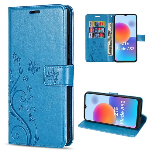 betterfon Flower Hülle Handyhülle PU Leder mit [Standfunktion] [Kartenfächern] für ZTE Blade A52 in Blau von betterfon