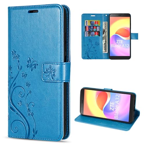 betterfon Flower Hülle Handyhülle Wallet Case PU Leder mit [Standfunktion] [Kartenfächern] für ZTE Blade A32 in Blau von betterfon