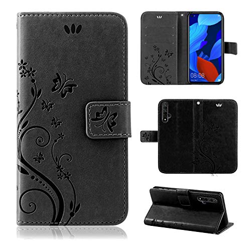 betterfon | Huawei Nova 5T / Honor 20 Hülle Handy Tasche Handyhülle Etui Wallet Case Schutzhülle für Huawei Nova 5T / Honor 20 Blume Schwarz von betterfon