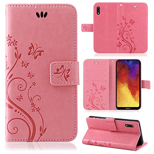 betterfon | Huawei Y6 2019 Hülle Handy Tasche Handyhülle Etui Wallet Case Schutzhülle mit Magnetverschluss/Kartenfächer für Y6 2019 Blume Schmetterling Rosa von betterfon