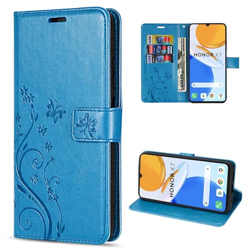 betterfon Hülle Kompatibel mit Honor X7 | Premium PU Leder Handyhülle Wallet Case für X7 | Schutzhülle Blumen Klapphülle Handyhülle | Blau von betterfon