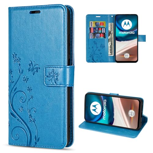 betterfon Hülle Kompatibel mit Motorola Moto G42 | Premium PU Leder Handyhülle Wallet Case für Moto G42 | Schutzhülle Blumen Klapphülle Handyhülle | Blau von betterfon