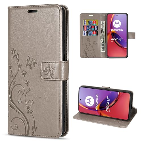 betterfon Hülle Kompatibel mit Motorola Moto G84 | Premium PU Leder Handyhülle Wallet Case für Moto G84 | Schutzhülle Blumen Klapphülle Handyhülle | Grau von betterfon