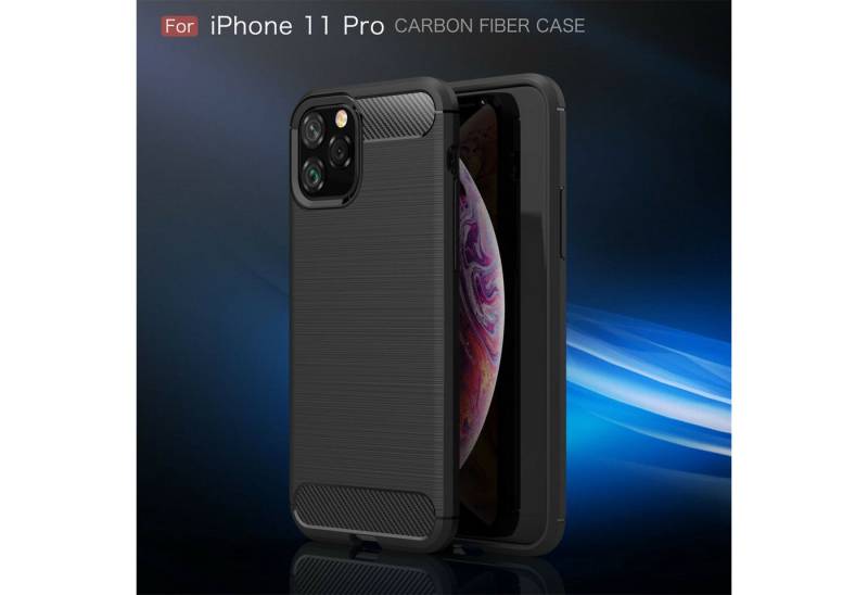 betterfon Smartphone-Hülle Carbon Hülle für iPhone 11 Pro Max Backcover TPU Silikon Schwarz, Carbon-Look – stoßfestes Case mit Air-Cushion & Metall-Optik von betterfon