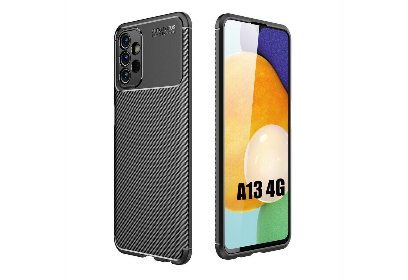 betterfon Smartphone-Hülle für Samsung Galaxy A13 4G Silikon Case TPU Bumper Schale Schwarz, Carbon-Look – stoßfestes Case mit Air-Cushion & Metall-Optik von betterfon