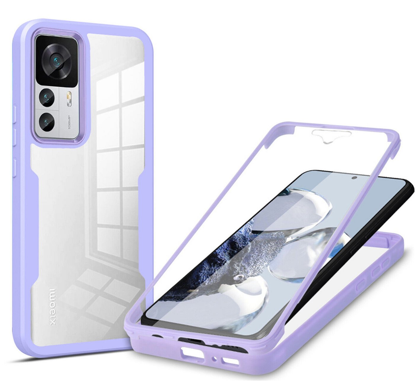 betterfon Smartphone-Hülle für Xiaomi 12T/12T Pro 2-teiliges 360° Schutzcase mit Panzerglas Lila von betterfon