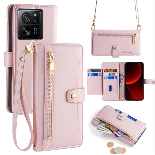 betterfon Xiaomi 13T / 13T Pro Hülle mit Band, Leder Xiaomi 13T / 13T Pro Handytasche Handyhülle Praktische Handykette Kartenfächer Brieftasche Umhängetasche Xiaomi 13T / 13T Pro,Rosa von betterfon