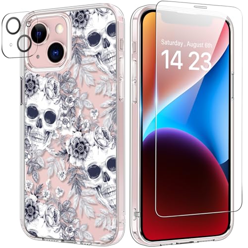 bicol Schutzhülle für iPhone 13, mit Displayschutzfolie und Kameraobjektivschutz, modisches Blumendesign, für Damen und Mädchen, stoßfest, Acryl, transparent, 15,5 cm, elegante Totenköpfe bicol Schutzhülle für iPhone 13, mit Displayschutzfolie und Kameraobjektivschutz, modisches Blumendesign, für Damen und Mädchen, stoßfest, Acryl, transparent, 15,5 cm, elegante Totenköpfe von bicol