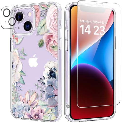 bicol Schutzhülle für iPhone 14, mit Bildschirm- und Kameraobjektivschutz, modisches Blumendesign, für Damen und Mädchen, stoßfest, Acryl, transparent, 15,5 cm (6,1 Zoll), bunte Sukkulenten von bicol