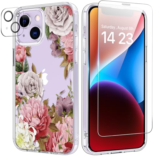 bicol Schutzhülle für iPhone 14, mit Displayschutzfolie und Kameraobjektivschutz, modisches Blumendesign, stoßfest, Acryl, transparent, 15,5 cm (6,1 Zoll), Blumengarten von bicol