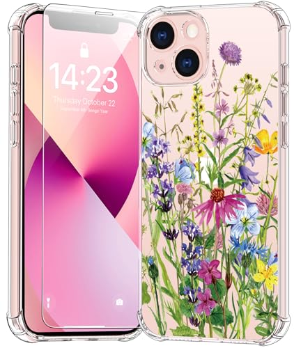 bicol Schutzhülle für iPhone 14 mit Displayschutzfolie, verbesserter Kameraschutz, transparente TPU-Hülle mit trendigen Designs für Mädchen und Frauen, schlanke Passform, blühende Blumen von bicol