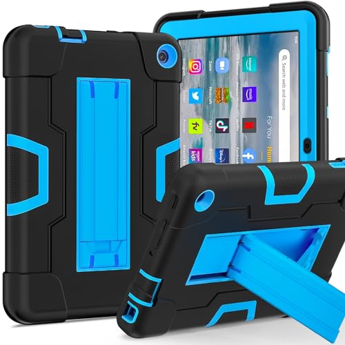 Tablet-Schutz Schutzhülle kompatibel mit Kindle Fire 7 2022, Tablet-Silikonhülle mit Ständer, robuste, stoßfeste Schale, robuste Schutzhülle, kompatibel mit Kindle Fire 7 Hülle Tablet-Zubehör(Black+Bl von bigcgreen