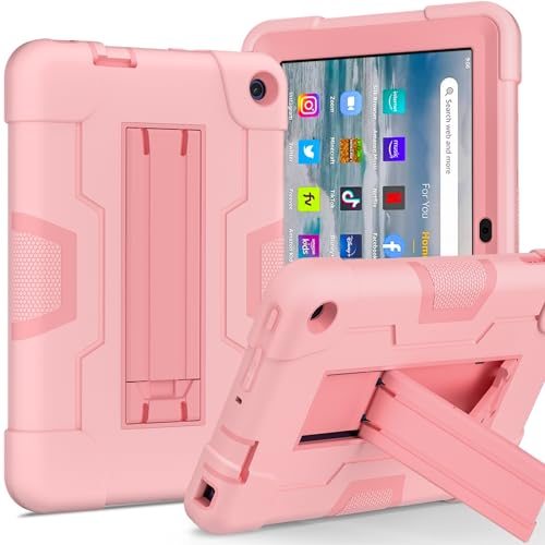 Tablet-Schutz Schutzhülle kompatibel mit Kindle Fire 7 2022, Tablet-Silikonhülle mit Ständer, robuste, stoßfeste Schale, robuste Schutzhülle, kompatibel mit Kindle Fire 7 Hülle Tablet-Zubehör(Rose Gol von bigcgreen