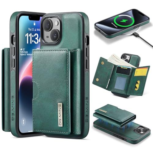 Telefonschutz Magnetic Wallet Case Phone Card Holder Compatible with iPhone 15,Magnetic Detachable Wallet RFID Blocking Leather Case Tri-fold Wallet Kickstand Protective Cover Telefonzubehör(Green) von bigcgreen