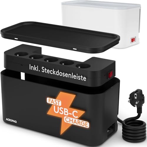 ACROPAQ Kabelaufbewahrungsbox - Kabelabdeckung mit integrierter Steckdosenleiste mit Erdungsstift, geeignet für Frankreich, USB-A und USB-C Anschlüsse, Quick Charge 3.0, Steckdosensicherung ACROPAQ Kabelaufbewahrungsbox - Kabelabdeckung mit integrierter Steckdosenleiste mit Erdungsstift, geeignet für Frankreich, USB-A und USB-C Anschlüsse, Quick Charge 3.0, Steckdosensicherung von ACROPAQ