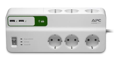 APC PM6U-GR Essential SurgeArrest 6-fach, 2 USB-Ports, 230 V