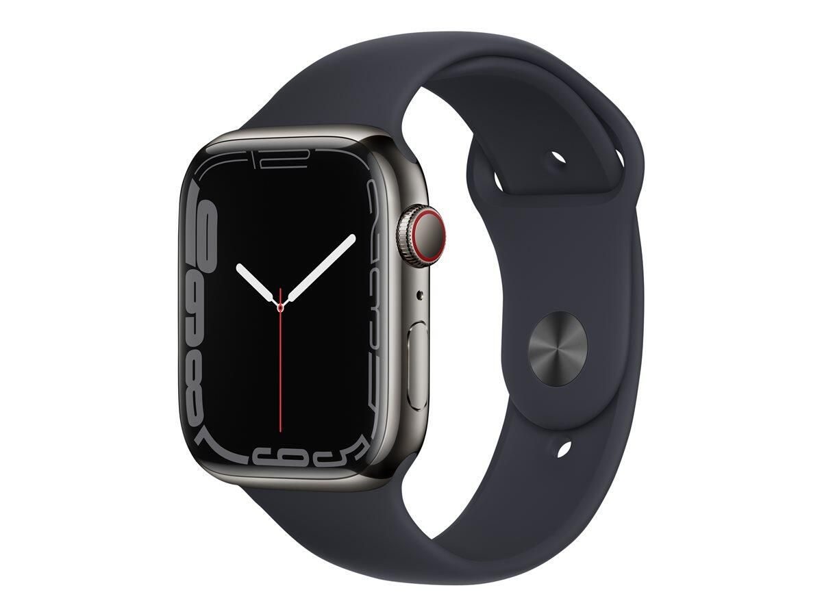 Apple Watch Series 7 (GPS + Cellular) 45 mm Edelstahlgehäuse 32GB graphit, Sportband mitternacht