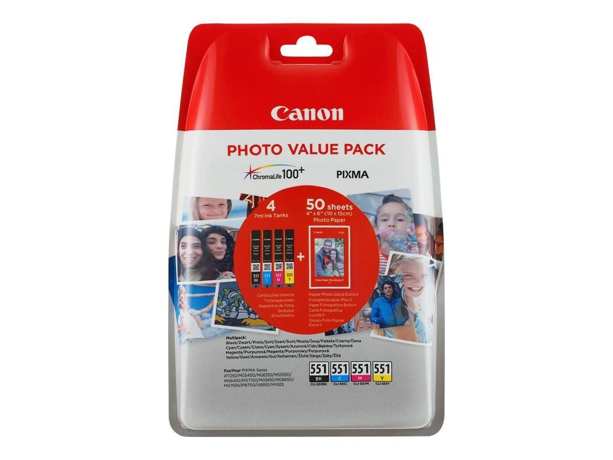 Canon Original CLI-551 Druckerpatronen Value Pack BK/C/M/Y + 50 Blatt Fotopapier (PP-201)
