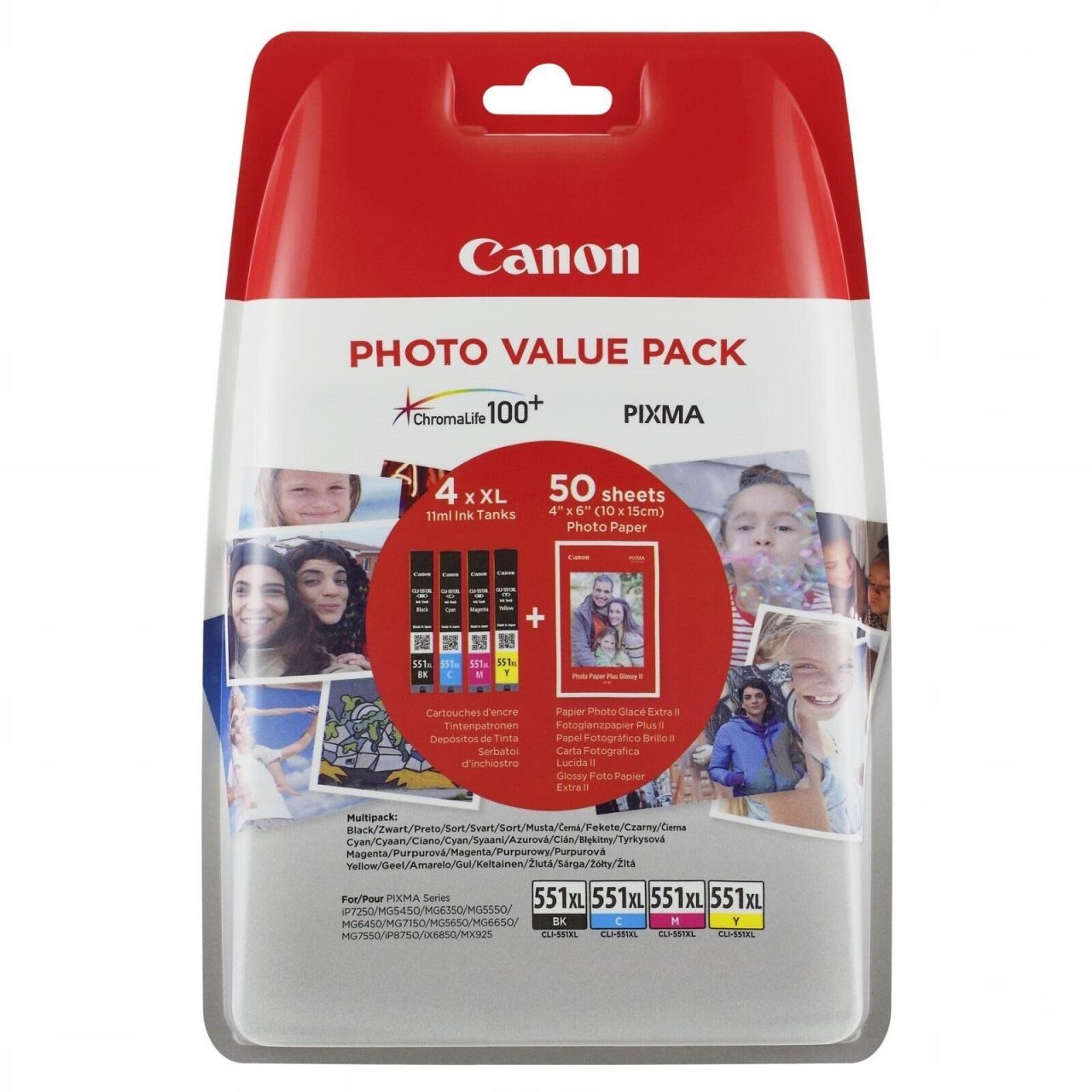 Canon Original CLI-551 XL Druckerpatronen Value Pack BK/C/M/Y + 50 Blatt Fotopapier (PP-201)