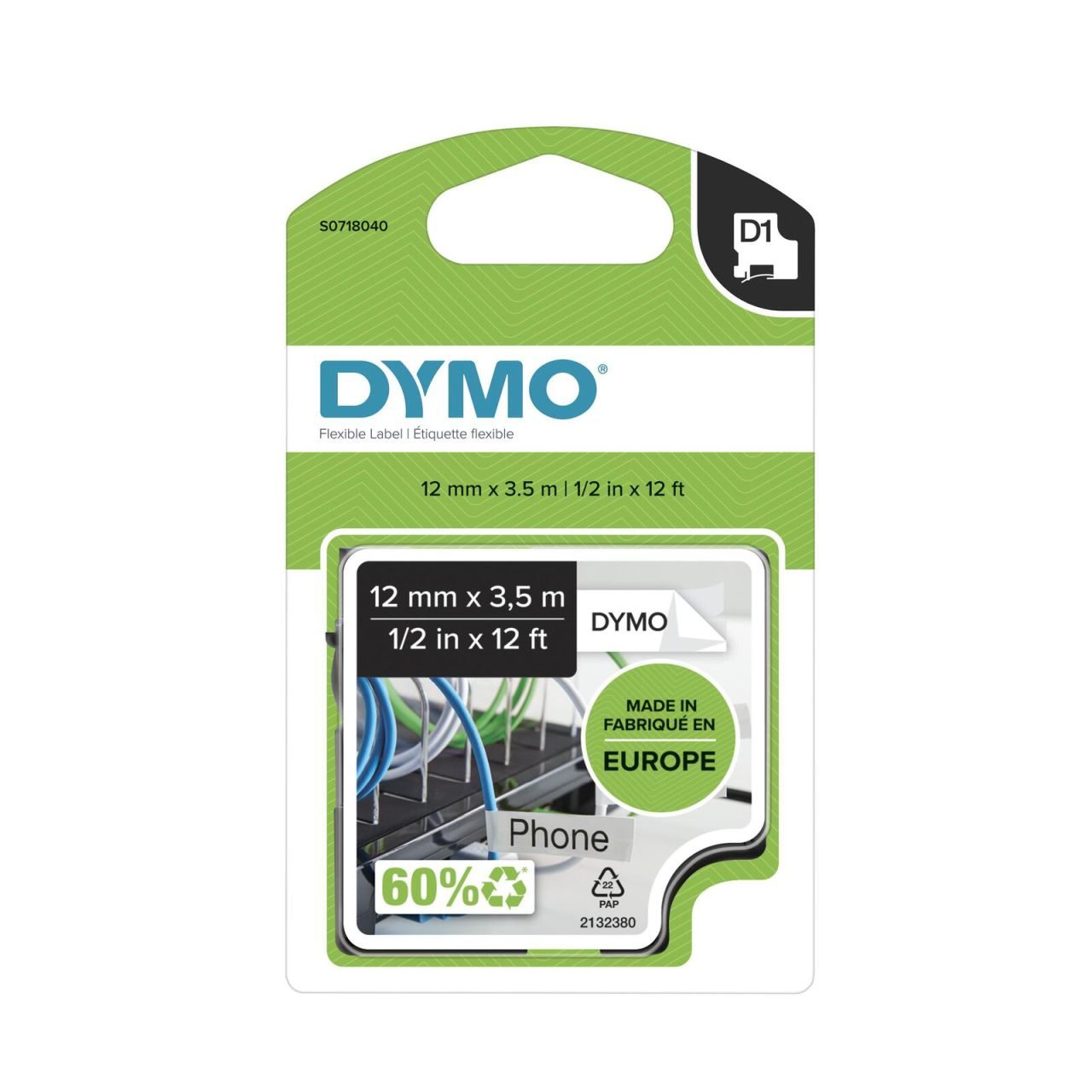 DYMO® Original D1-Schriftband "Durable" für LabelManager™ Nylon 12mm x 3,5m permanent haftend - schwarz auf weiß