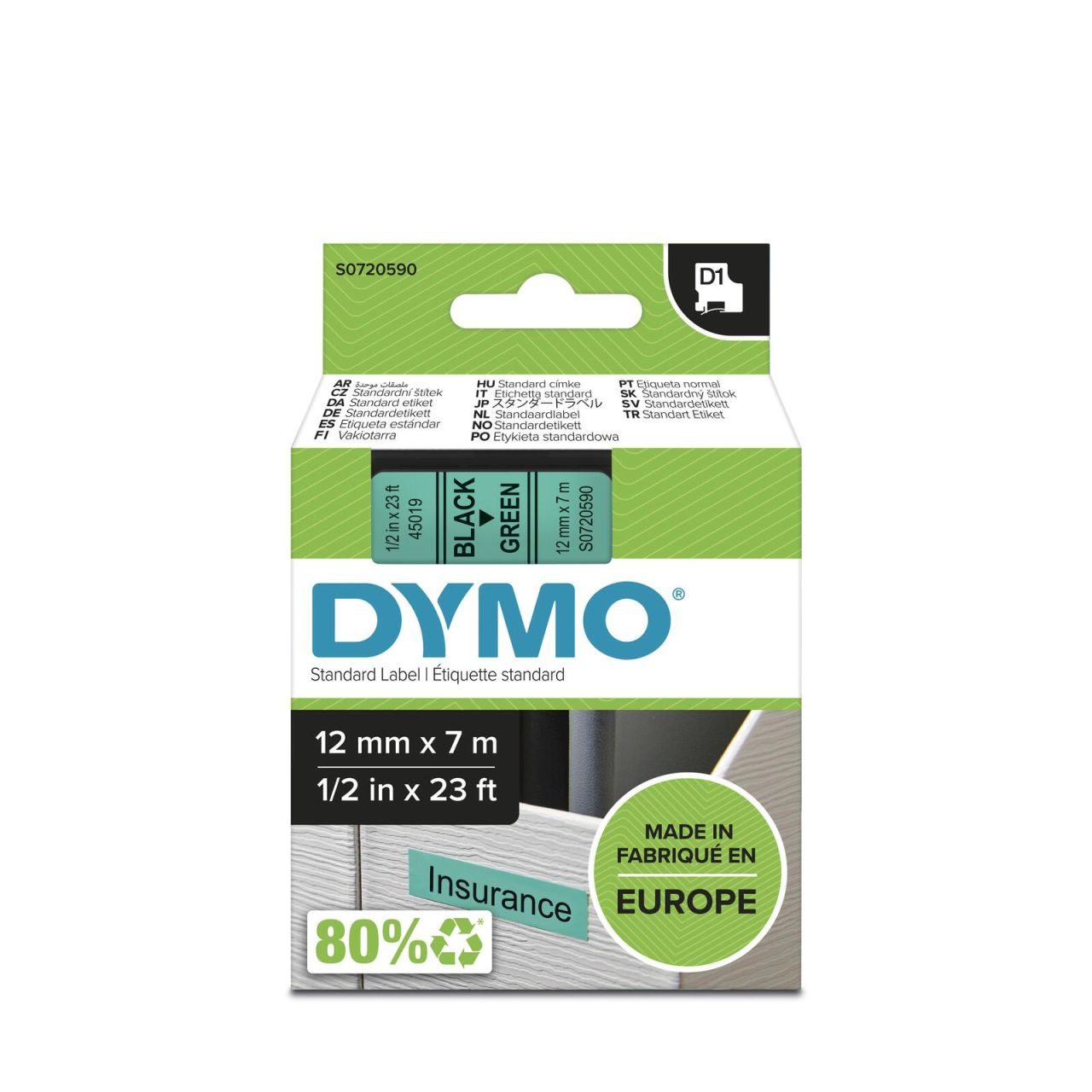 DYMO® Original D1-Schriftband für LabelManager™ 12mm x 7m - schwarz auf grün