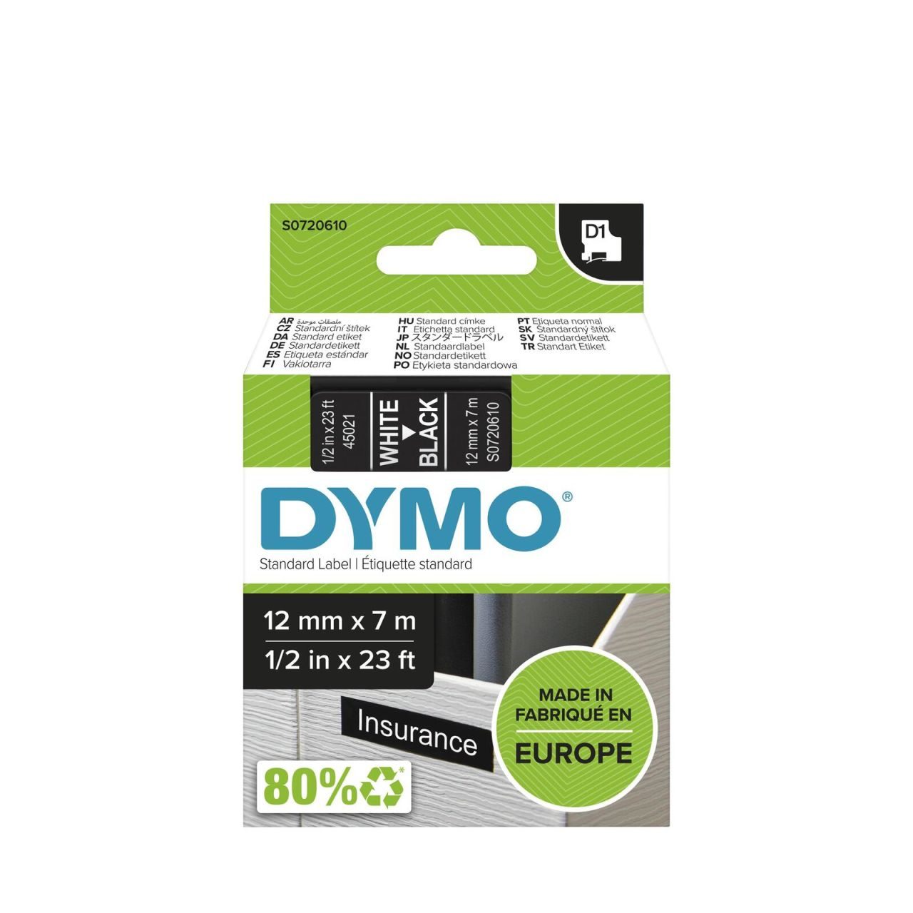 DYMO® Original D1-Schriftband für LabelManager™ 12mm x 7m - weiss auf schwarz