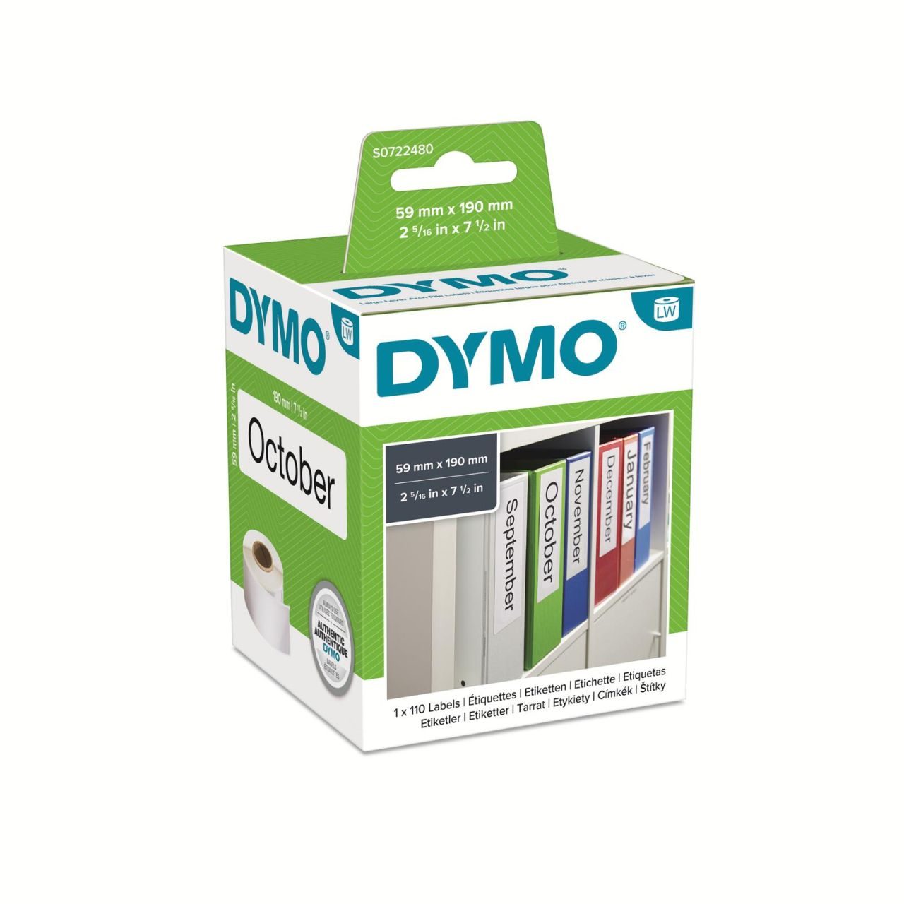 DYMO® Original Etikett für LabelWriter™ 59mm x 190mm - weiß für Ordner breit, permanent haftend, 1 x 110 Etiketten)