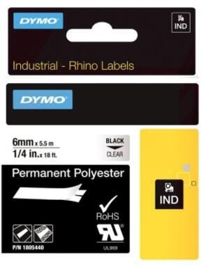 DYMO® Original IND-Schriftband für Rhino™ Permanent Polyester 6mm x 5,5m - schwarz auf transparent