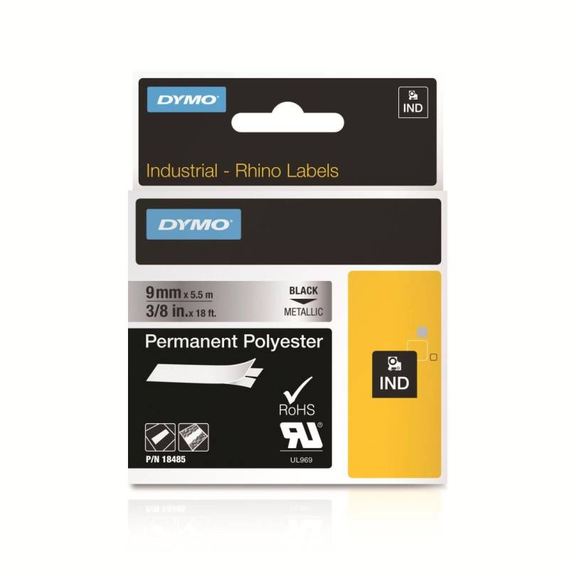 DYMO® Original IND-Schriftband für Rhino™ Permanent Polyester 9mm x 5,5m - schwarz auf metallic