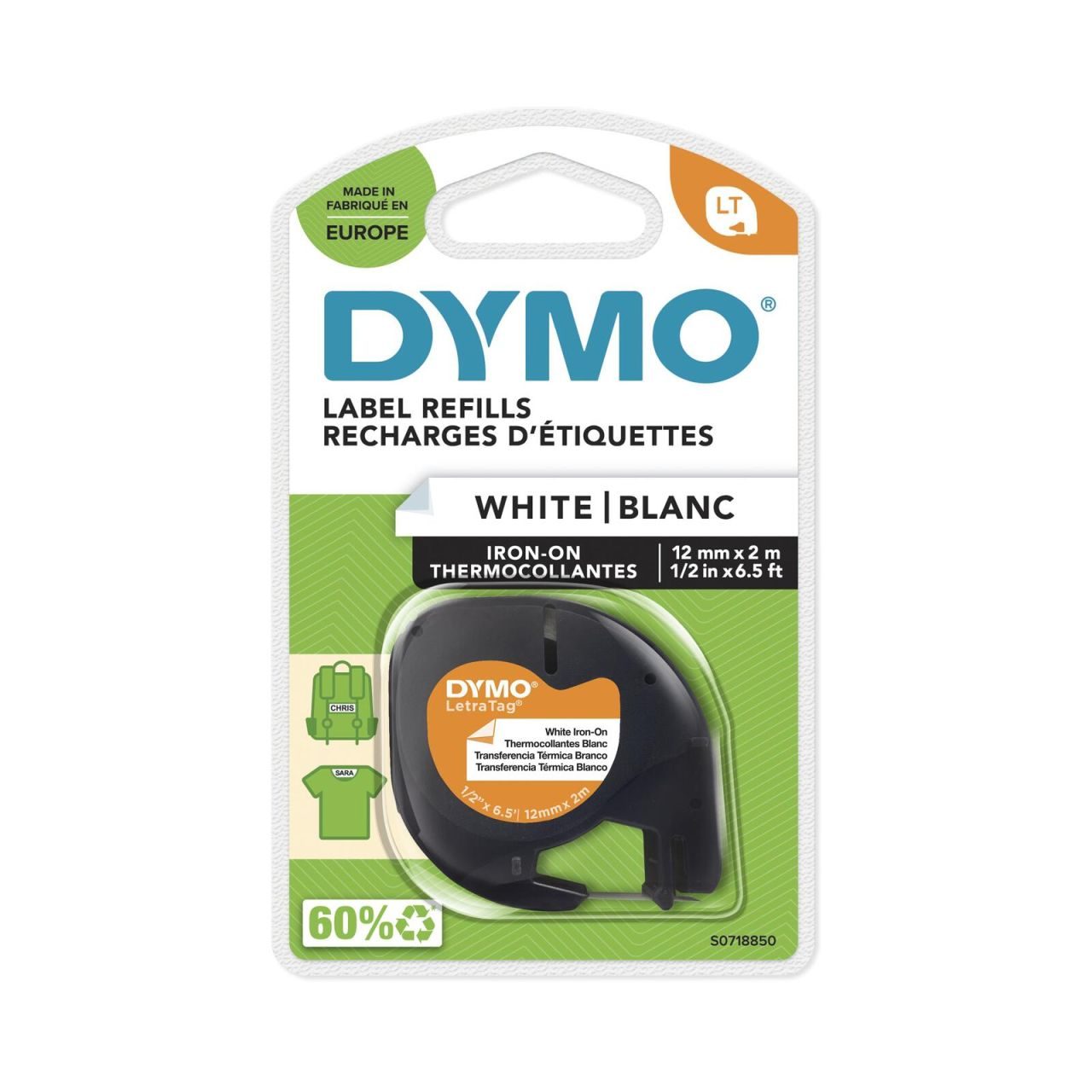 DYMO® Original Schriftband für LetraTag® 12mm x 4m aufbügelbar - schwarz auf weiss