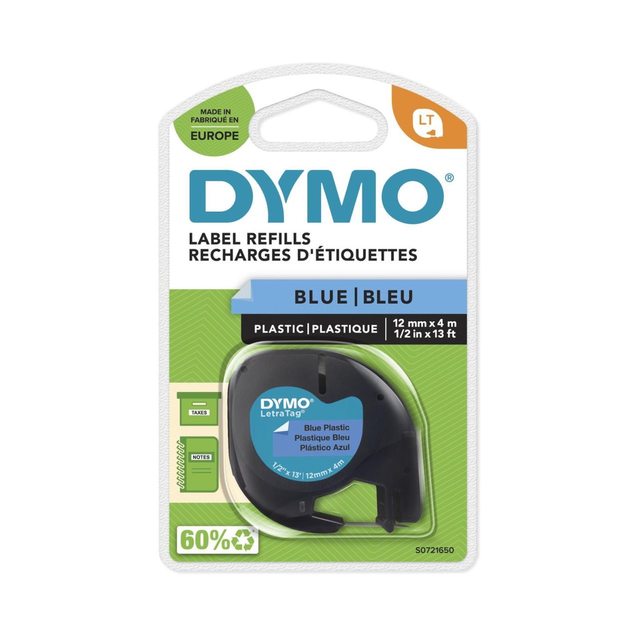 DYMO® Original Schriftband für LetraTag® Plastik 12mm x 4m - schwarz auf blau