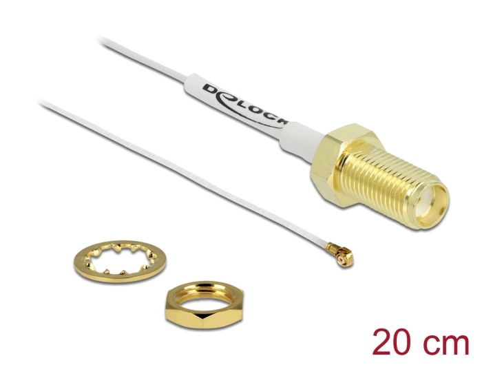 Delock Antennenkabel SMA Buchse zum Einbau zu I-PEX Inc., MHF® 4 Stecker 0.81 20 cm Gewindelänge 10 mm weiß